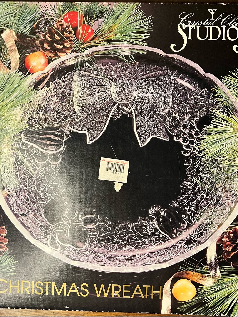 Vintage 1991 Christmas Wreath Clear Crystal Platter with Box